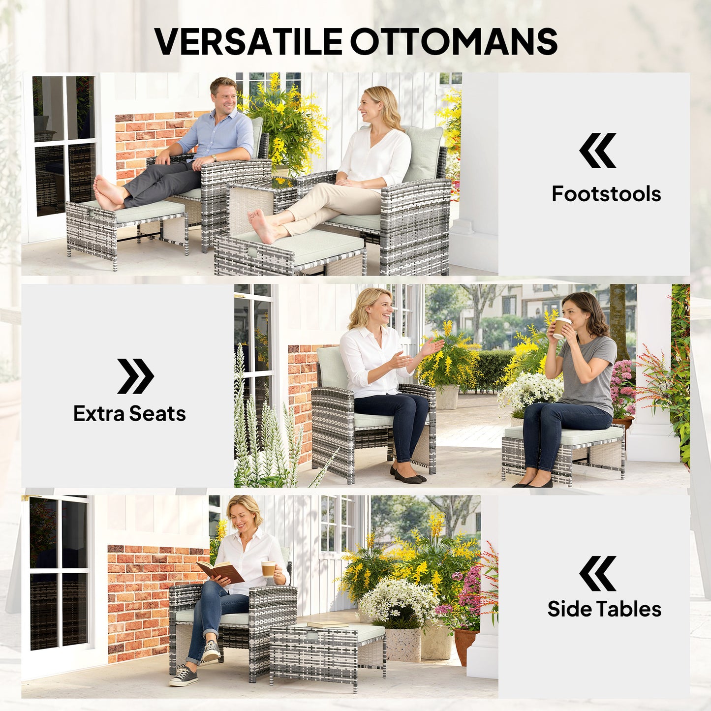 Outsunny 5-Piece Rattan Patio Set - Chairs + Ottomans + Glass Table