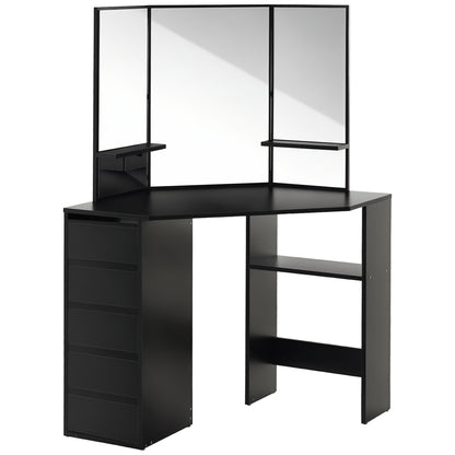 Table de maquillage d'angle miroir triptyque avec tiroirs