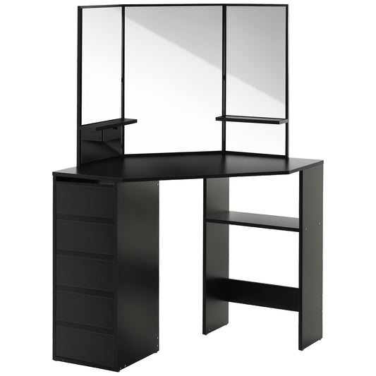 Table de maquillage d'angle miroir triptyque avec tiroirs