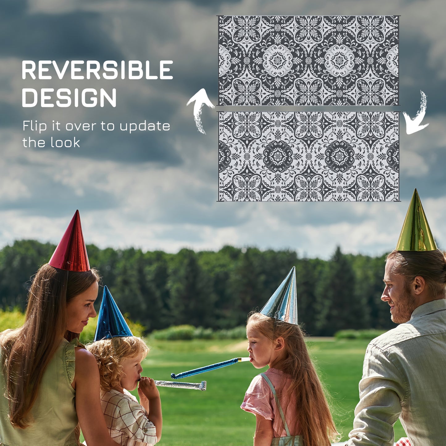 Tapis extérieur portable réversible 274 x 549 cm — Gris et blanc