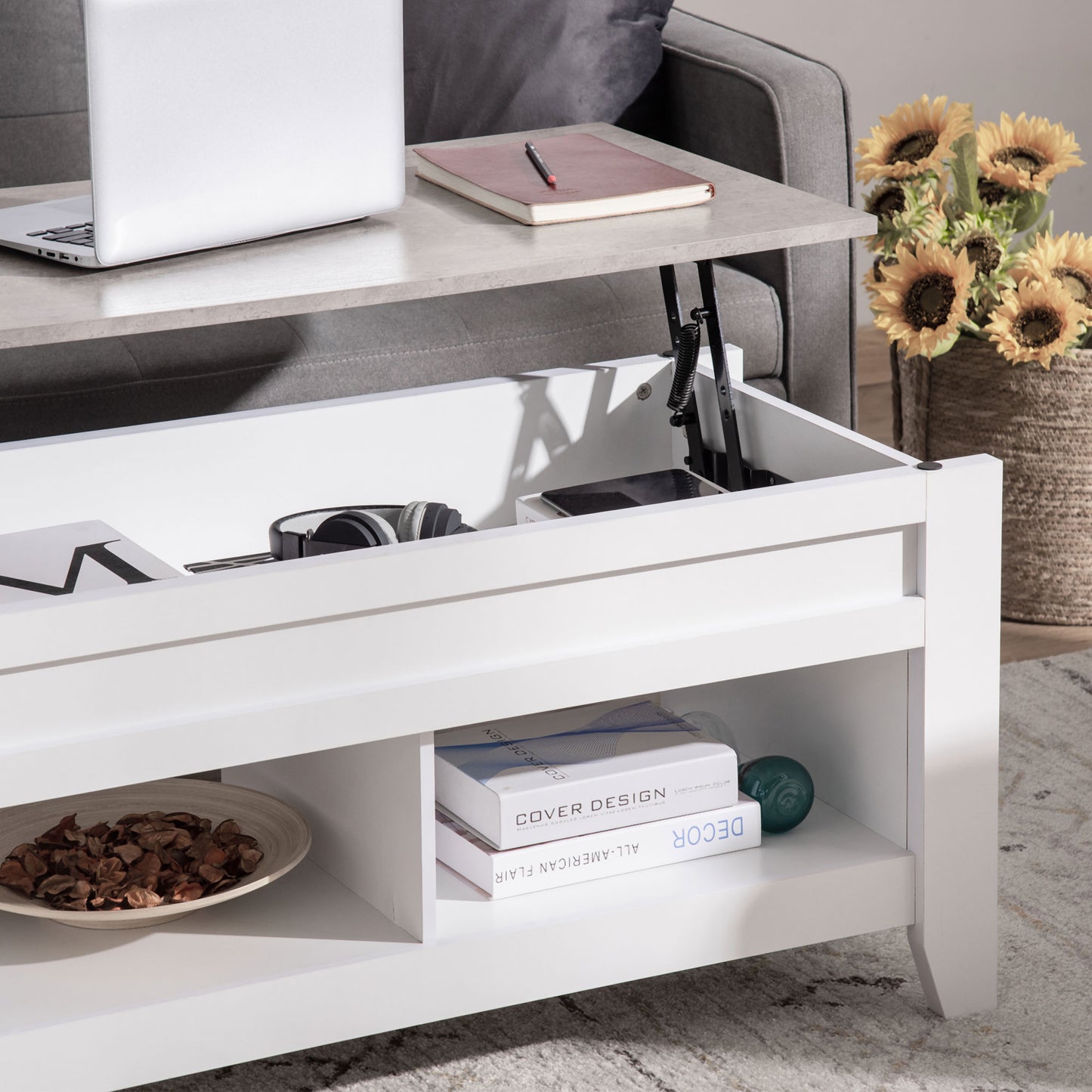 Table à café avec plateau relevable et rangement caché