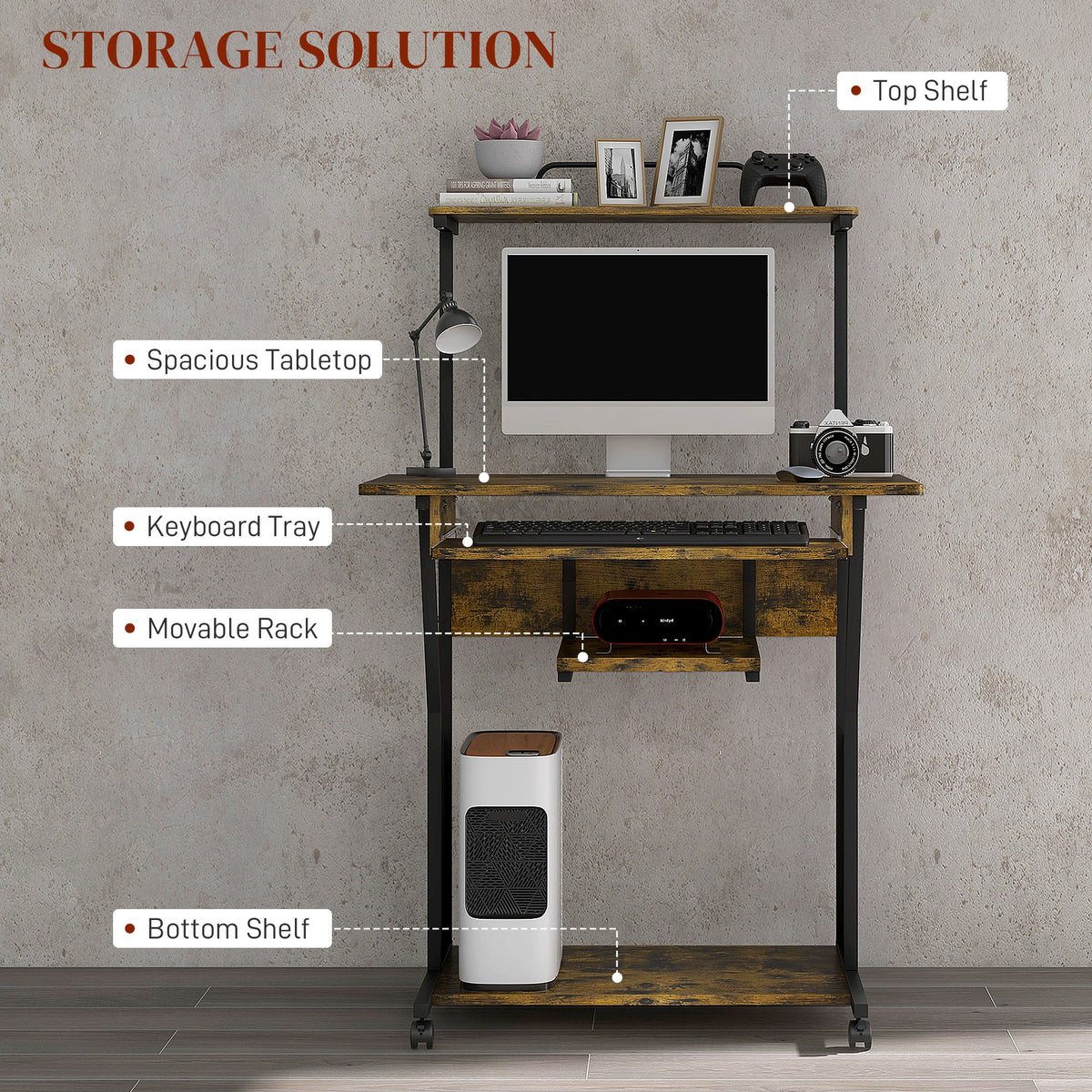 Bureau informatique mobile avec étagères et roulettes