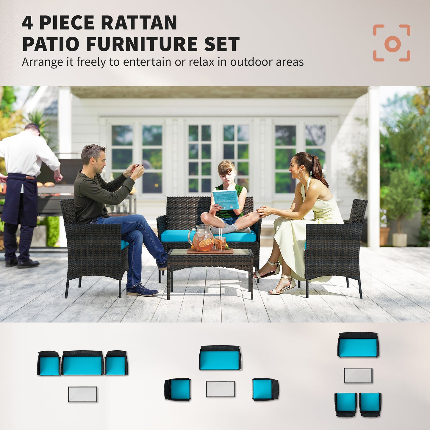 Outsunny 4-Piece Rattan Patio Set with Loveseat and Table Beige