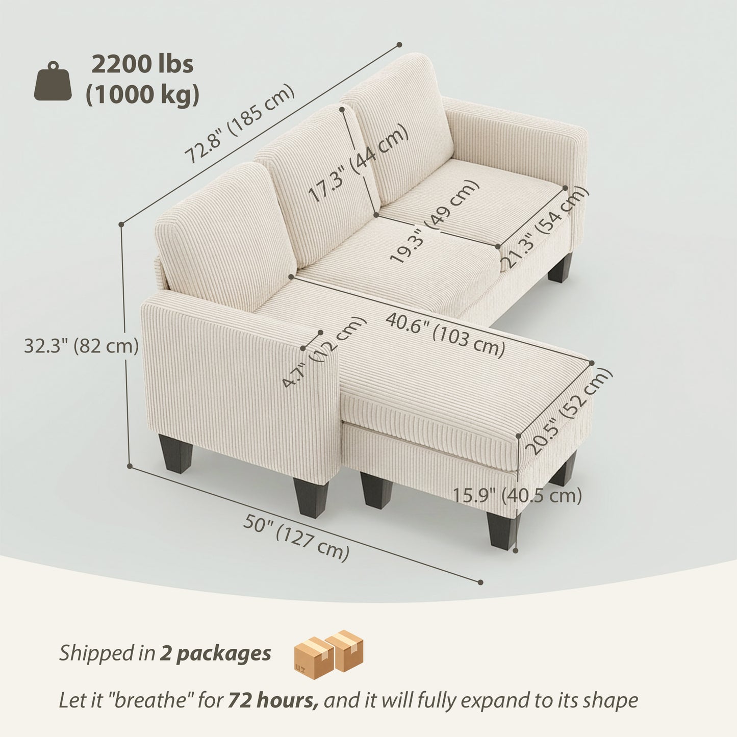 Sofa sectionnel en L avec chaise longue ou pouf
