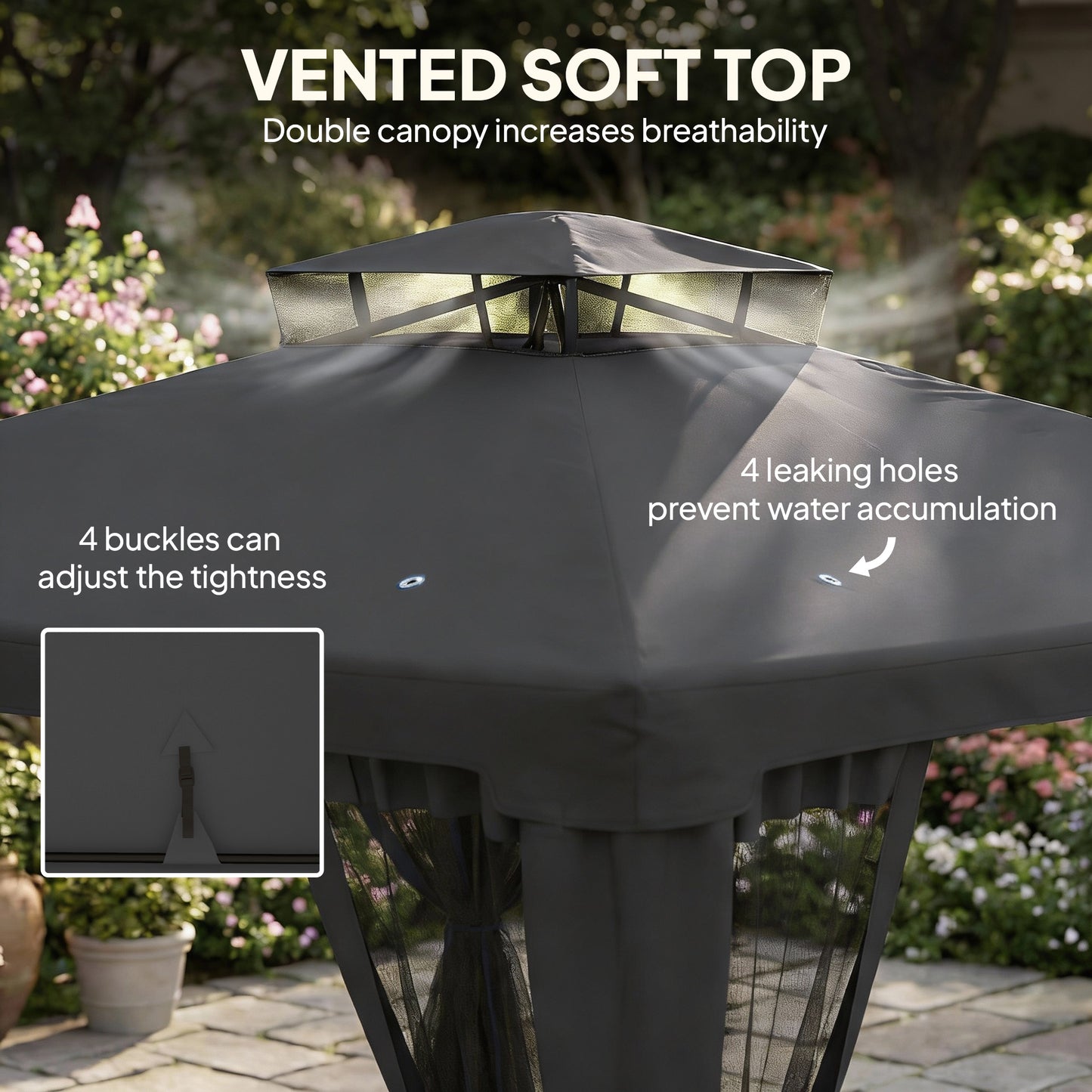 Gazebo patio toit double moustiquaire 2,9m x 2,9m