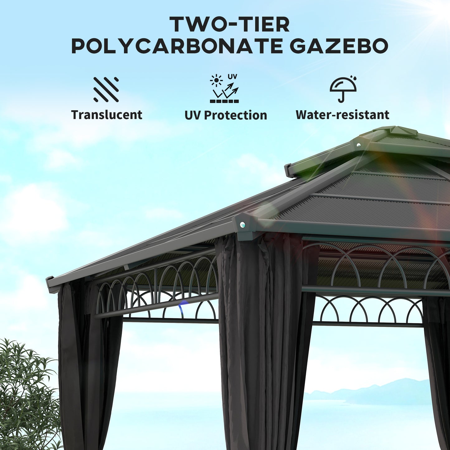 Gazebo rigide double toit PC avec moustiquaire et rideaux