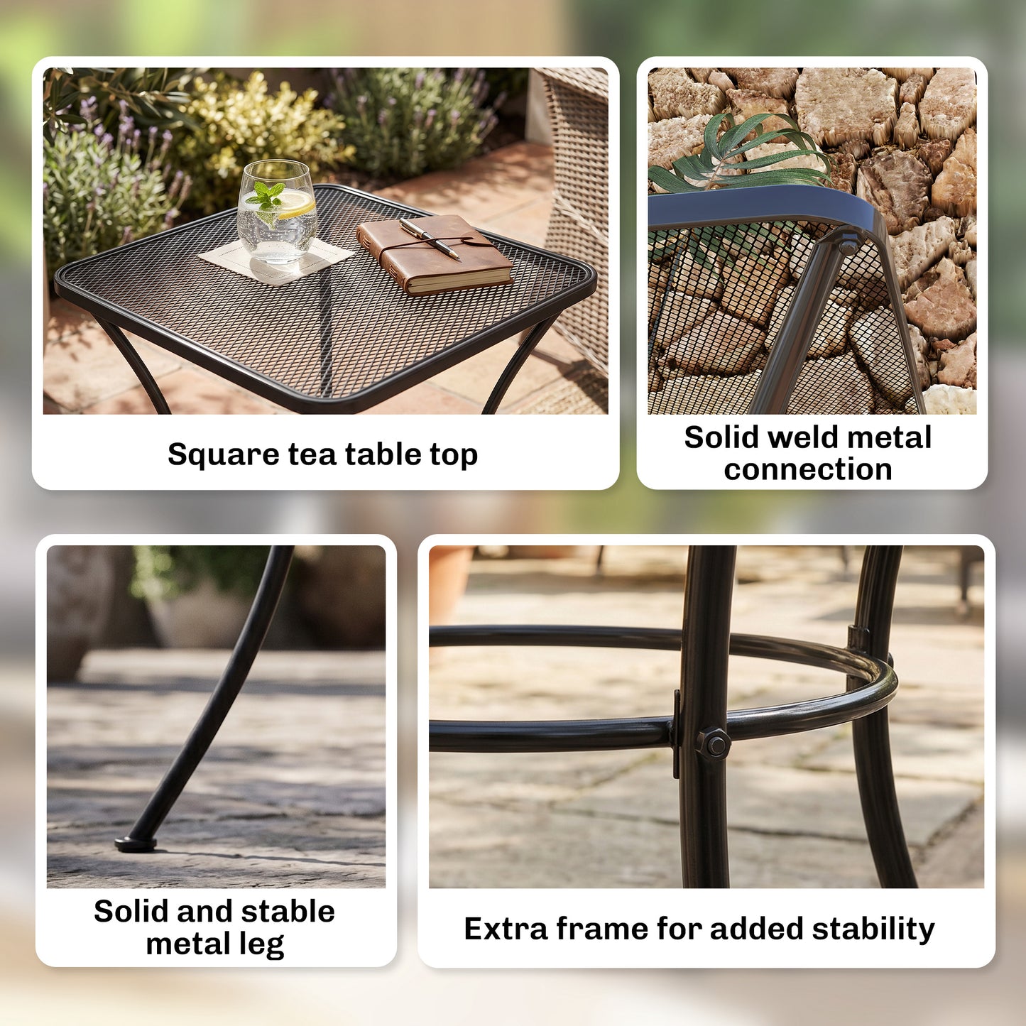 Table d'appoint de patio carrée en métal avec plateau en treillis
