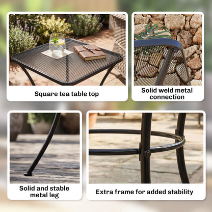 Table d'appoint de patio carrée en métal avec plateau en treillis