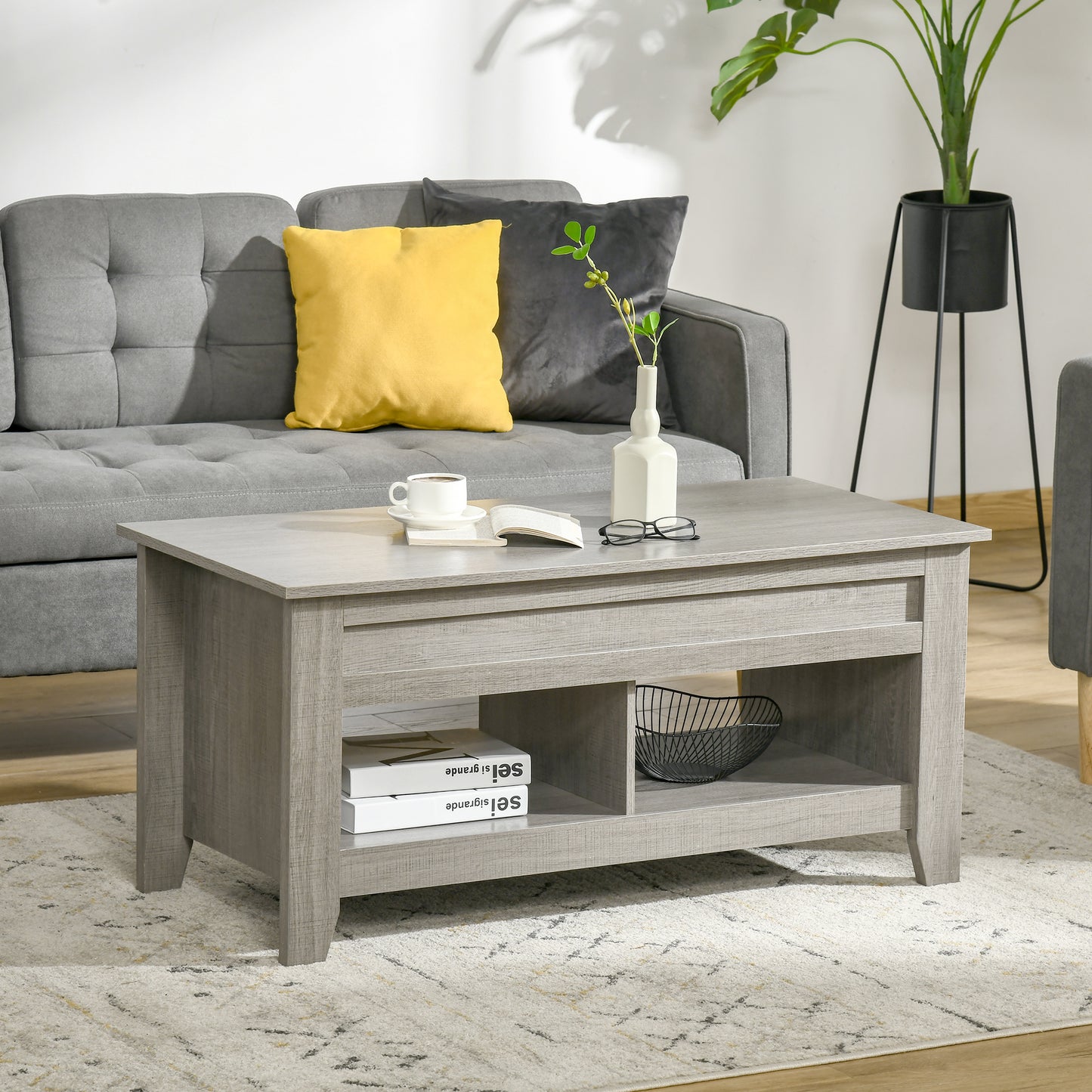 Table à café avec plateau relevable et rangement caché