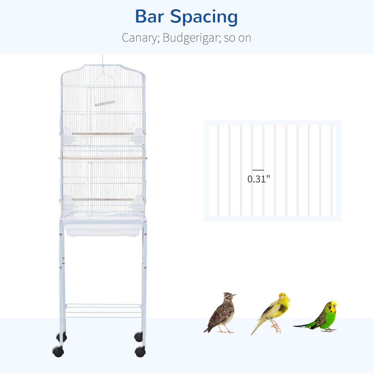 Cage à oiseaux sur roulettes avec tablette de rangement