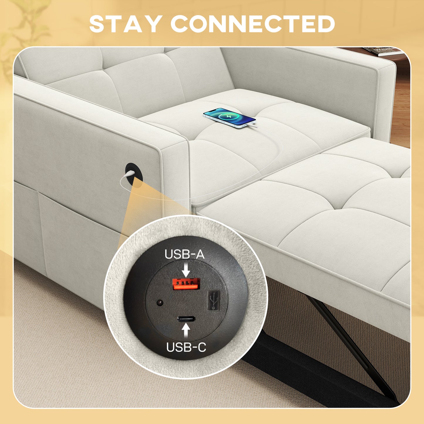 Fauteuil-lit convertible en velours avec USB