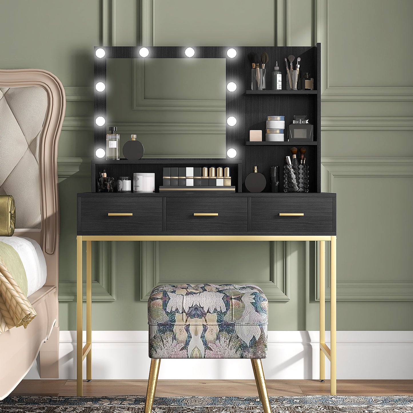 Coiffeuse illuminée avec miroir LED et 3 tiroirs