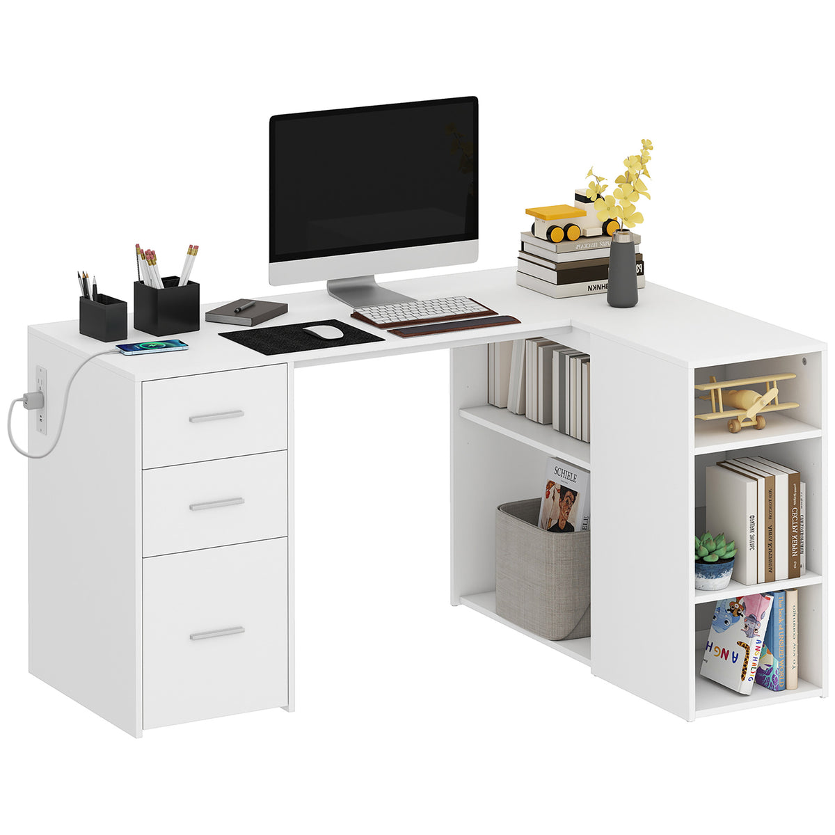 Bureau en L avec prises et tiroirs — 140 x 100 x 75 cm