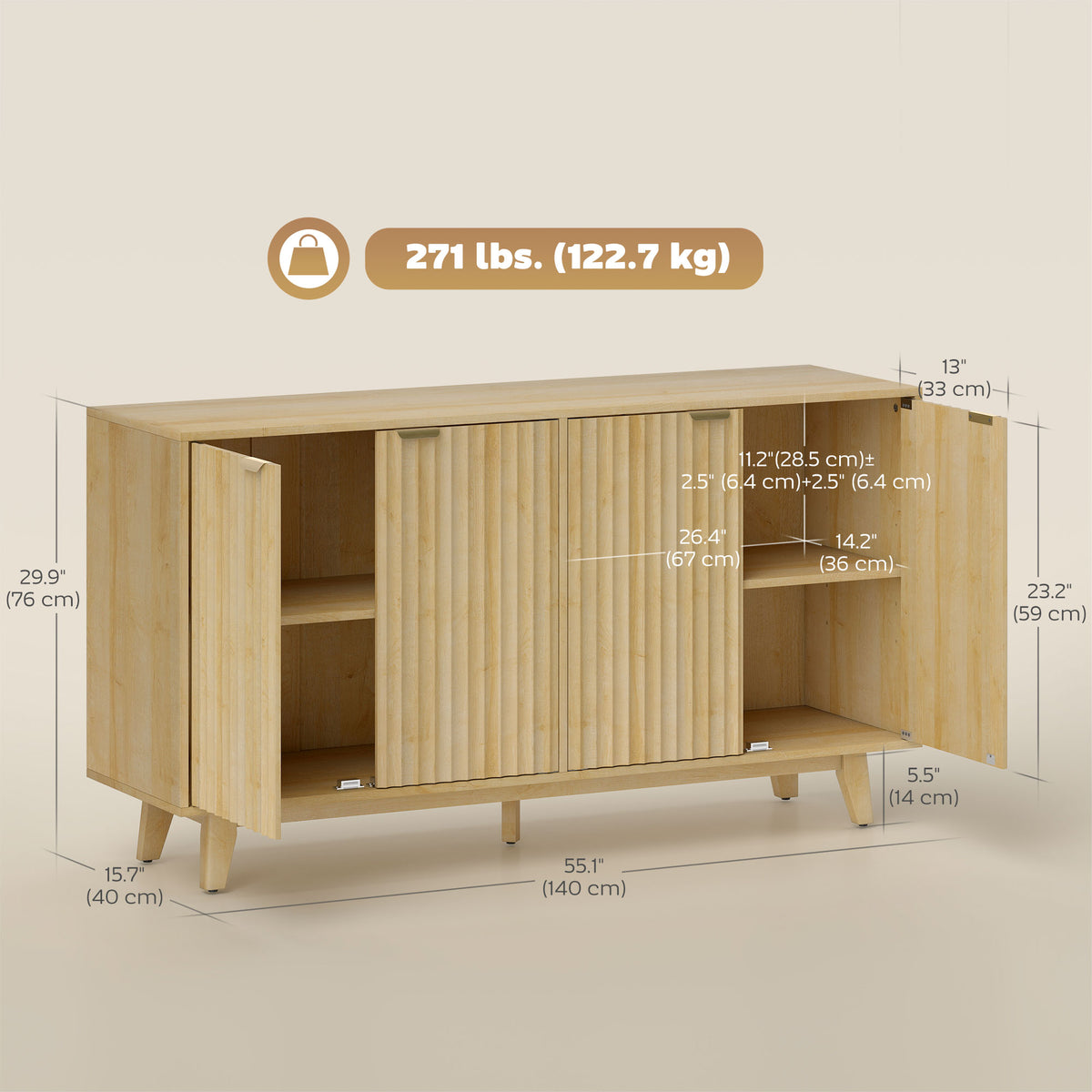 Buffet bas cannelé de salon 140 x 40 x 76 cm