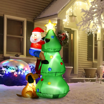 Sapin gonflable Noël avec LED, Père Noël et chien