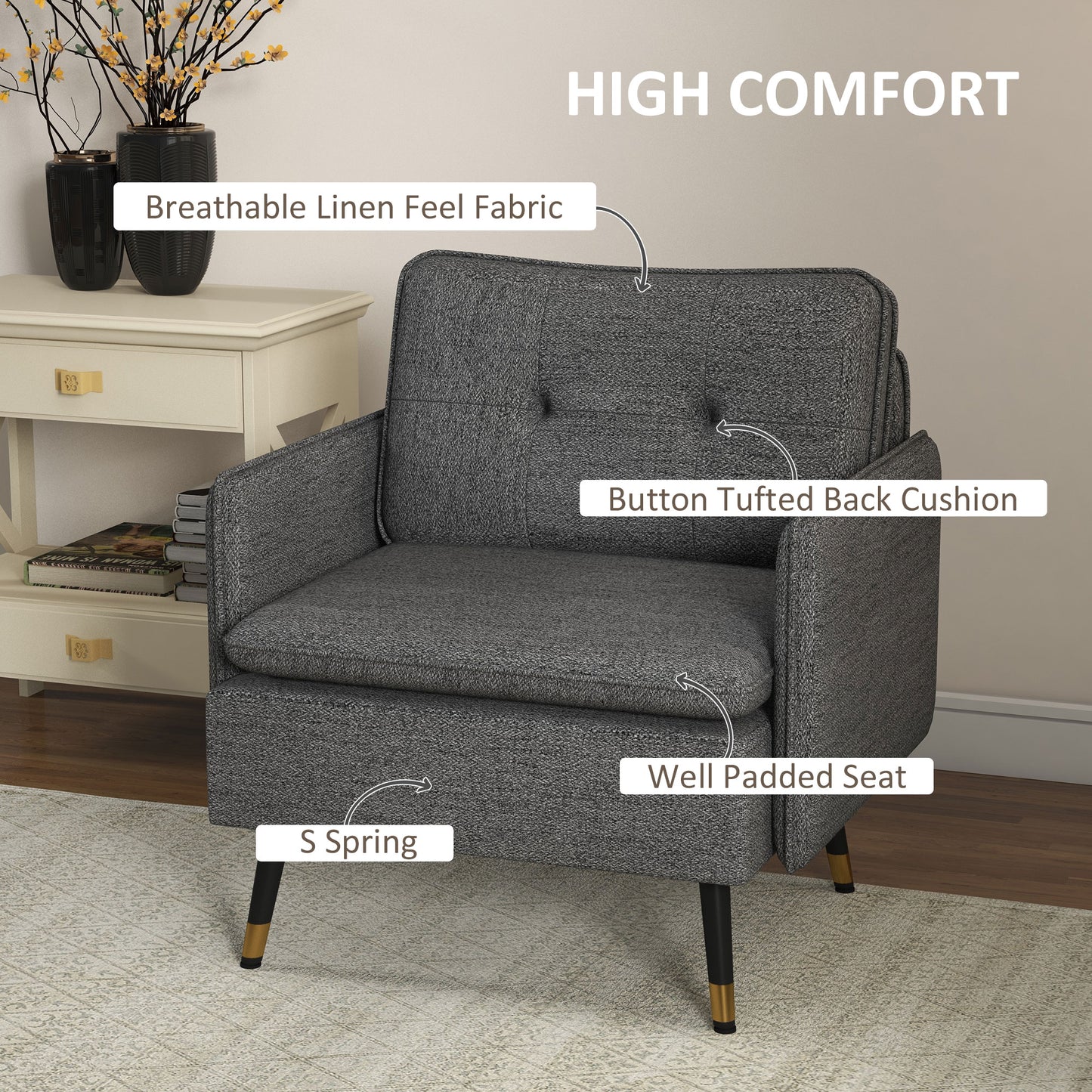 Fauteuil d'accent rembourré dossier capitonné pieds acier