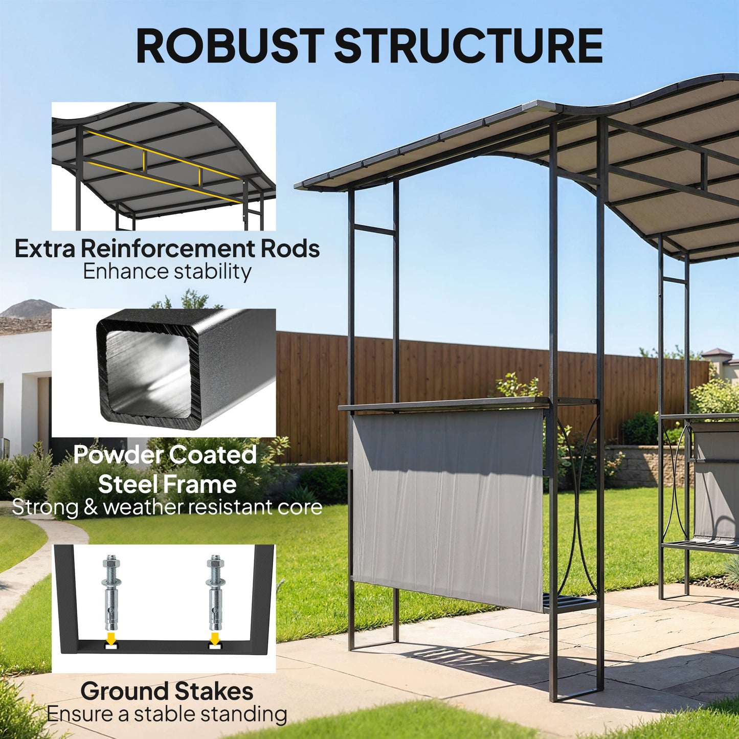 Gazebo BBQ avec 2 tablettes latérales 253 x 150 cm