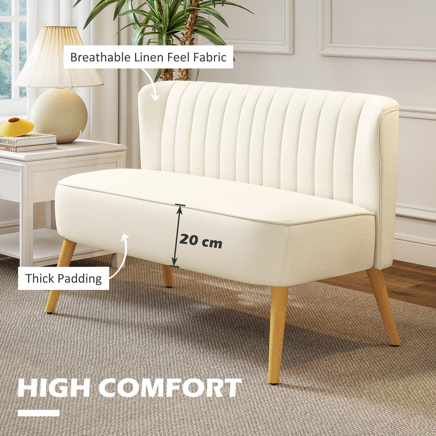Canapé 2 places moderne tissu lin pieds bois