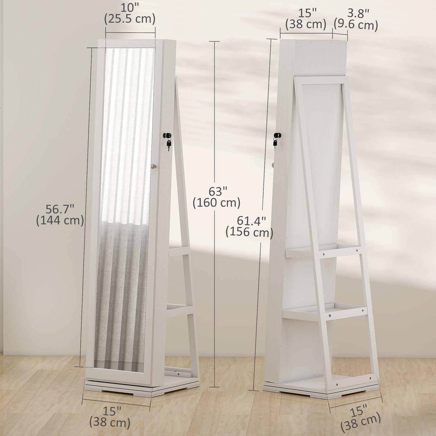 Armoire à bijoux pivotante 360° avec miroir verrouillable