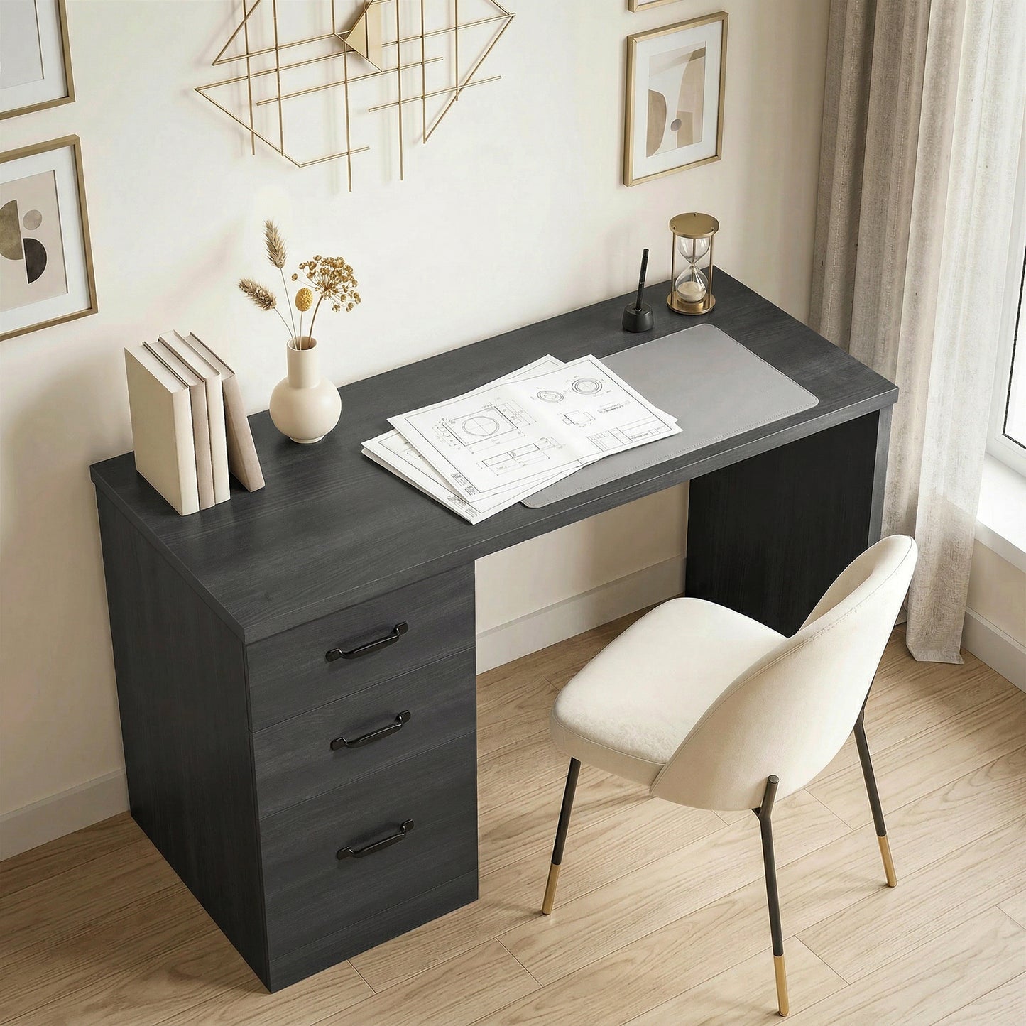 Bureau d'ordinateur 3 tiroirs avec rail suspendu 120 cm