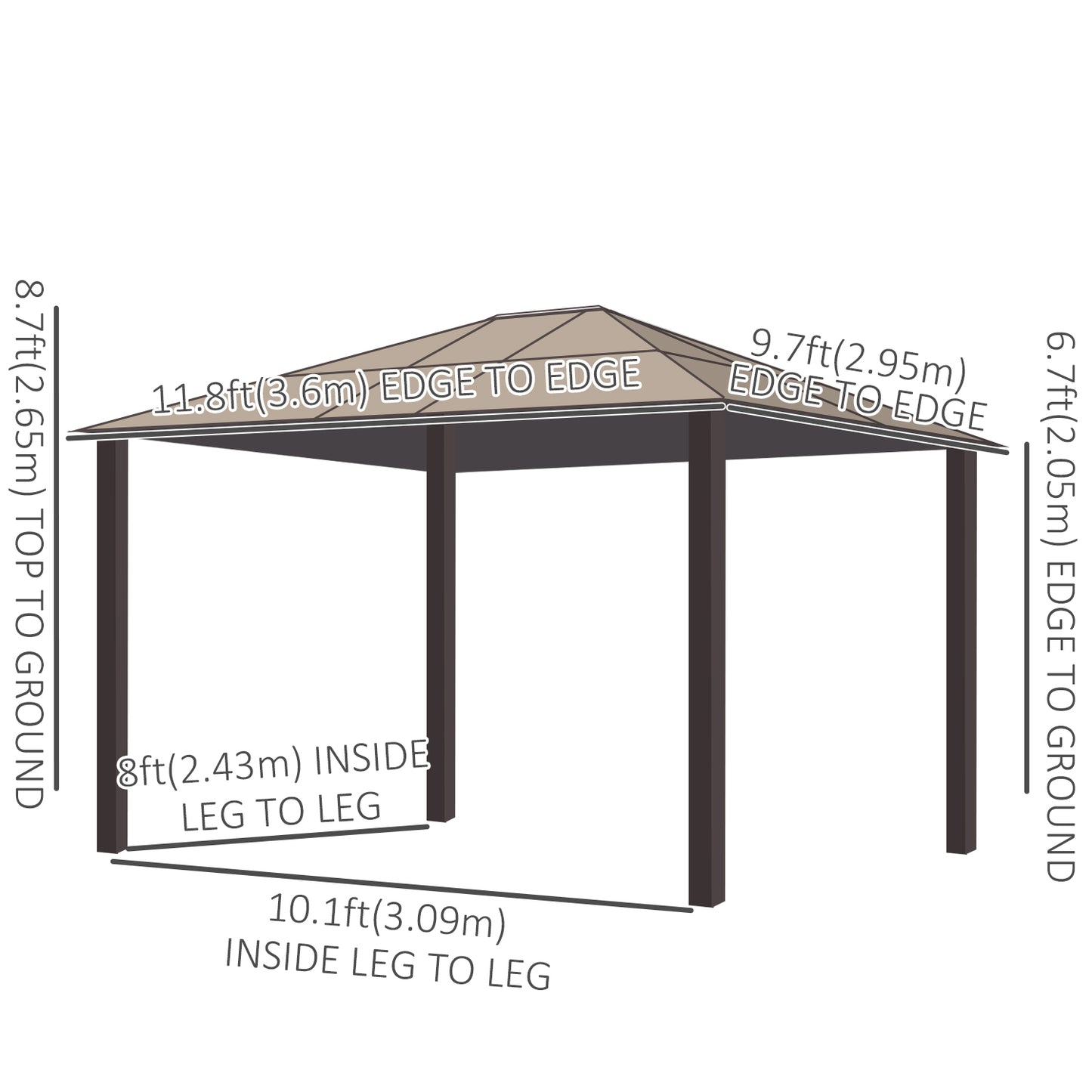 Gazebo à toit rigide polycarbonate 305 x 365 cm
