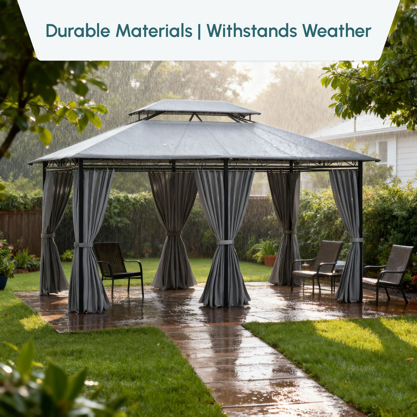 Gazebo de patio 2 niveaux 3 x 4 m avec rideaux