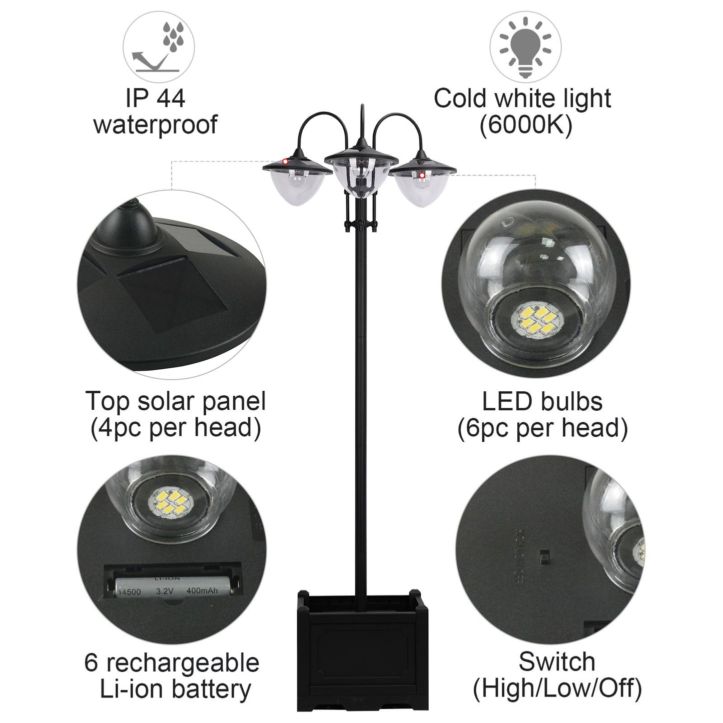 Lampadaire solaire LED 3 têtes avec jardinière