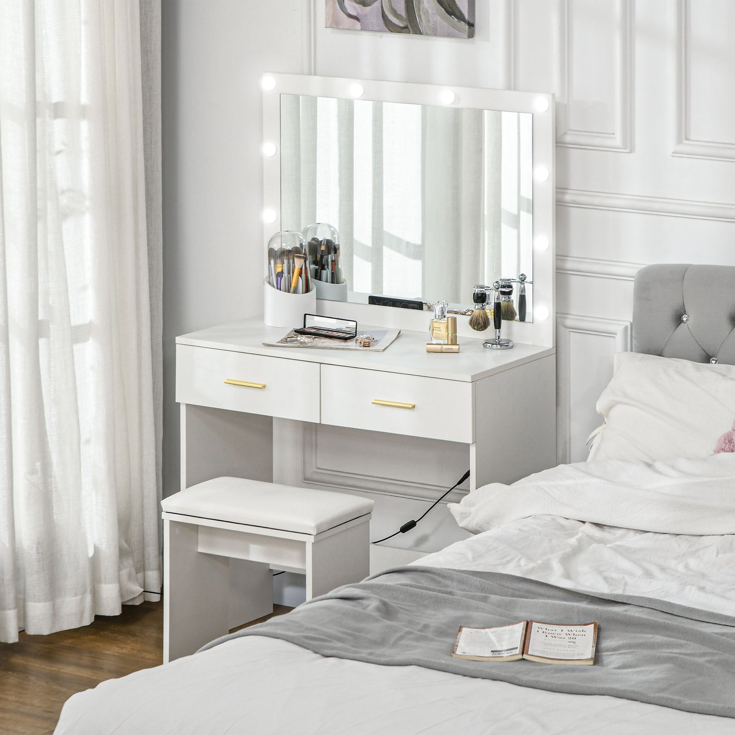 Coiffeuse avec miroir LED et tabouret