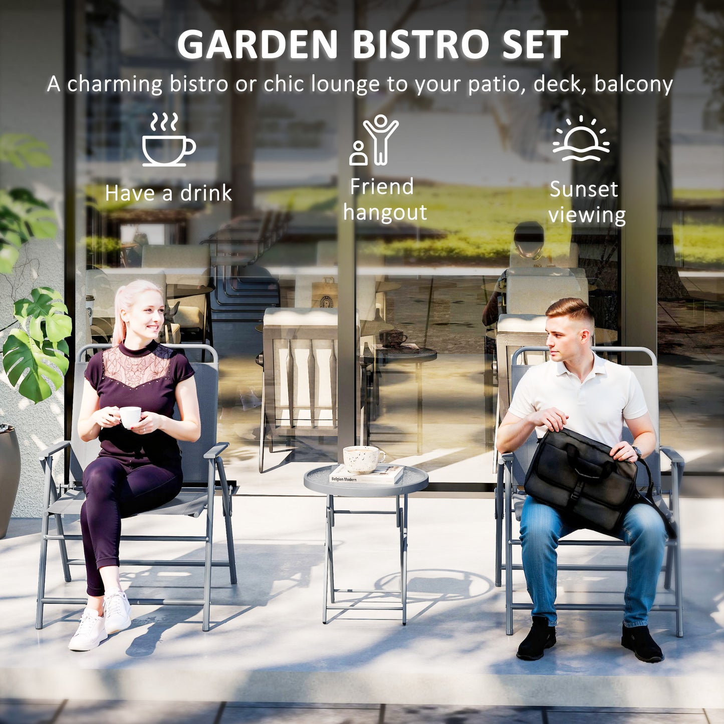 Ensemble bistro 3 pièces pliant avec table en verre trempé