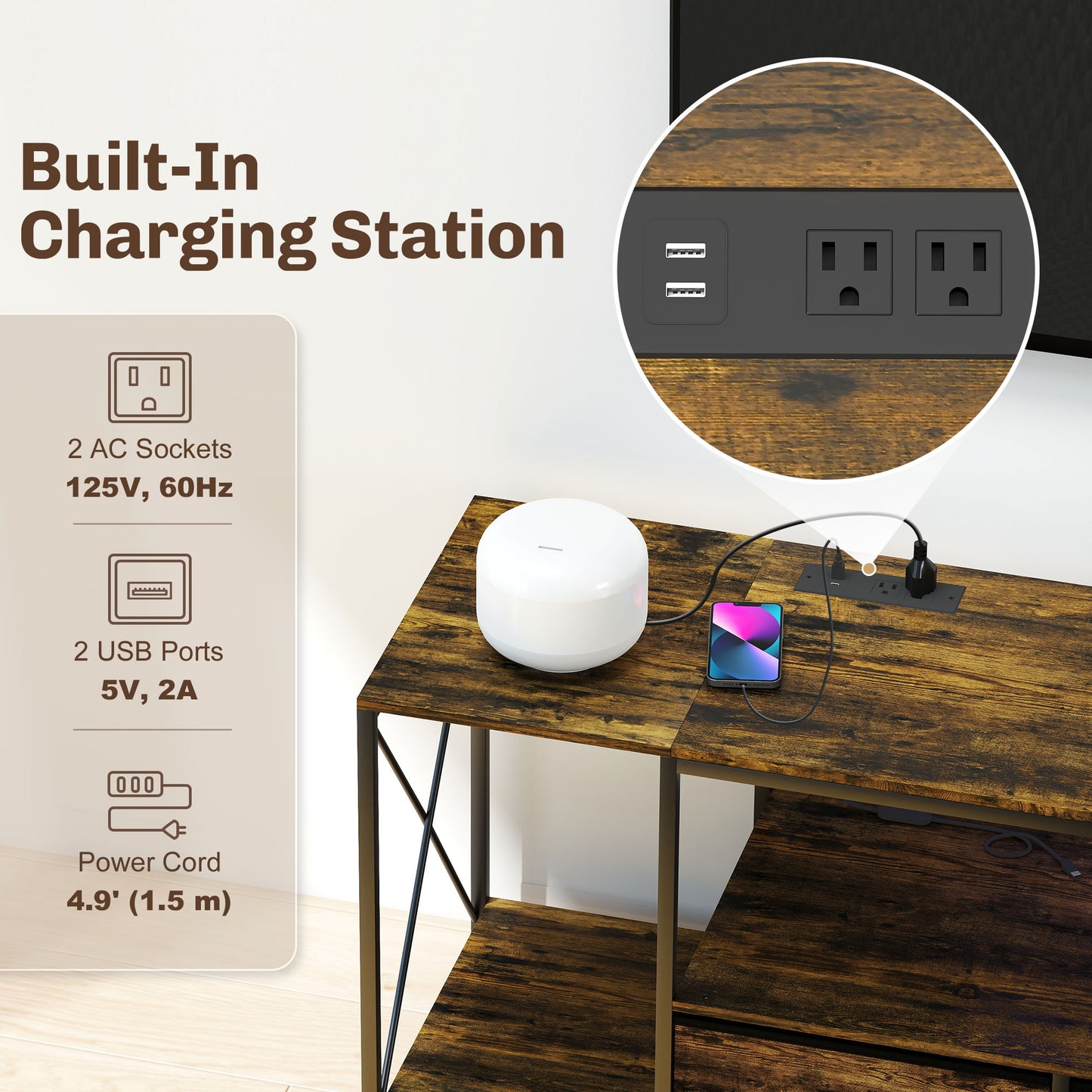 Meuble télé industriel avec éclairage RGB et station de recharge