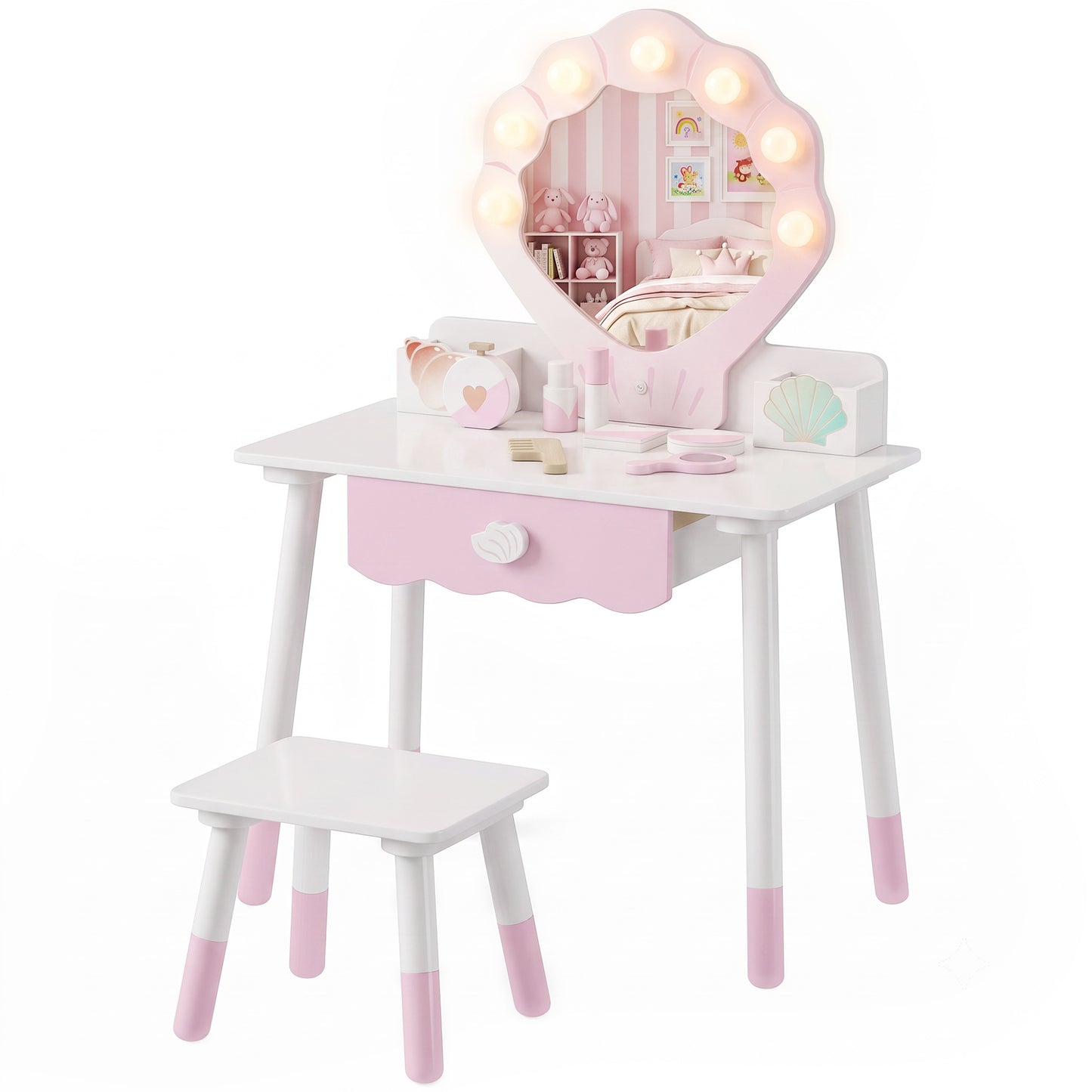 Coiffeuse enfant avec lumières, miroir et tabouret