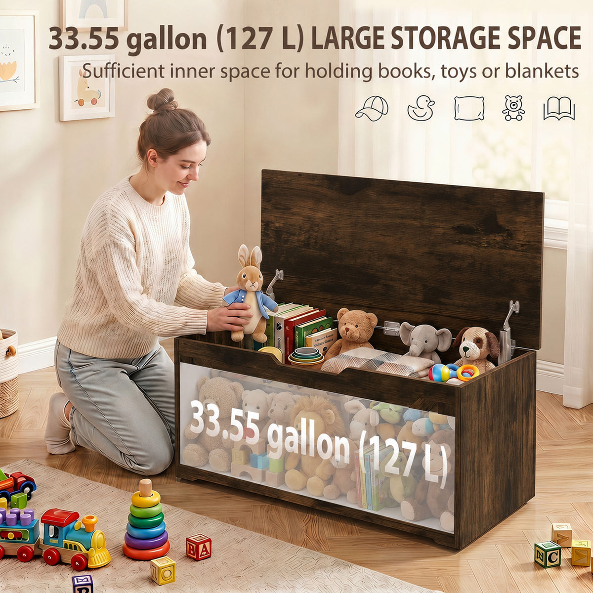 Coffre de rangement rustique à charnières de sécurité 100 cm