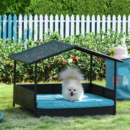 Niche surélevée en rotin avec auvent pour chiens