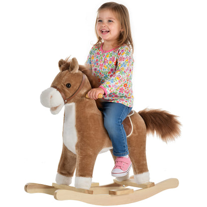 Cheval à bascule en peluche avec sons et base en bois