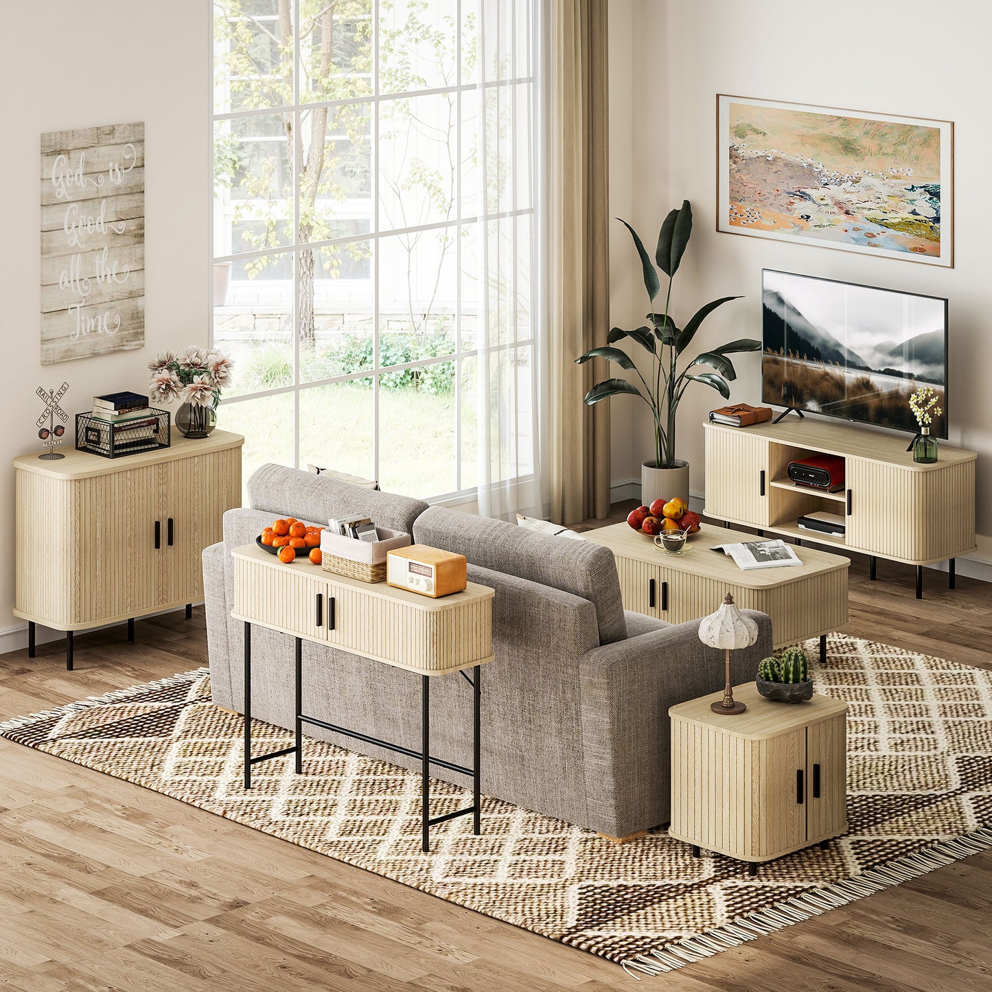 Console mi-siècle avec portes tambour et rangement