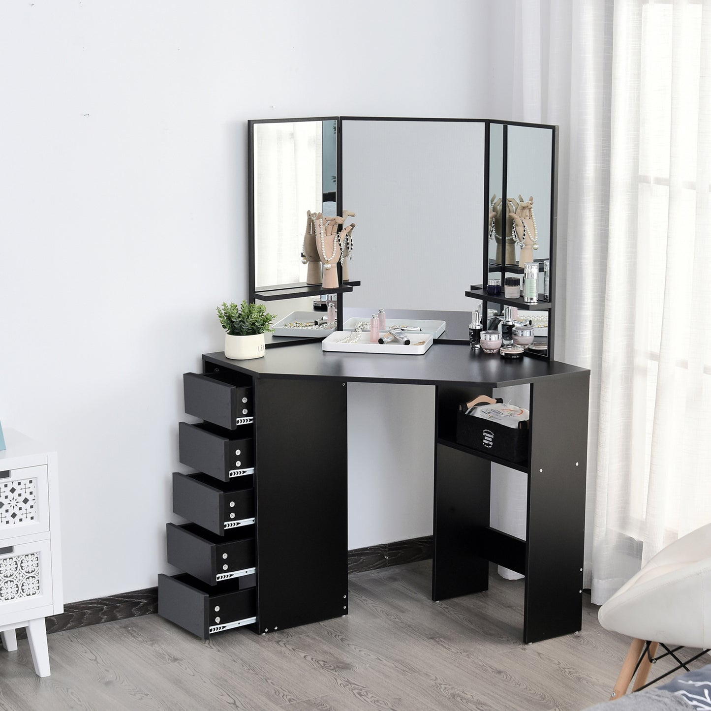 Table de maquillage d'angle miroir triptyque avec tiroirs