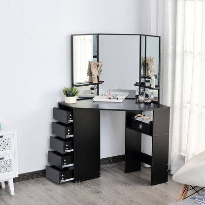 Table de maquillage d'angle miroir triptyque avec tiroirs