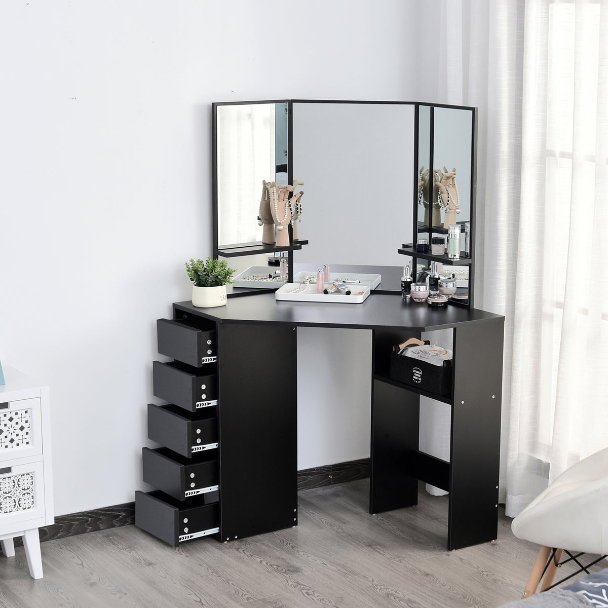 Table de maquillage d'angle miroir triptyque avec tiroirs