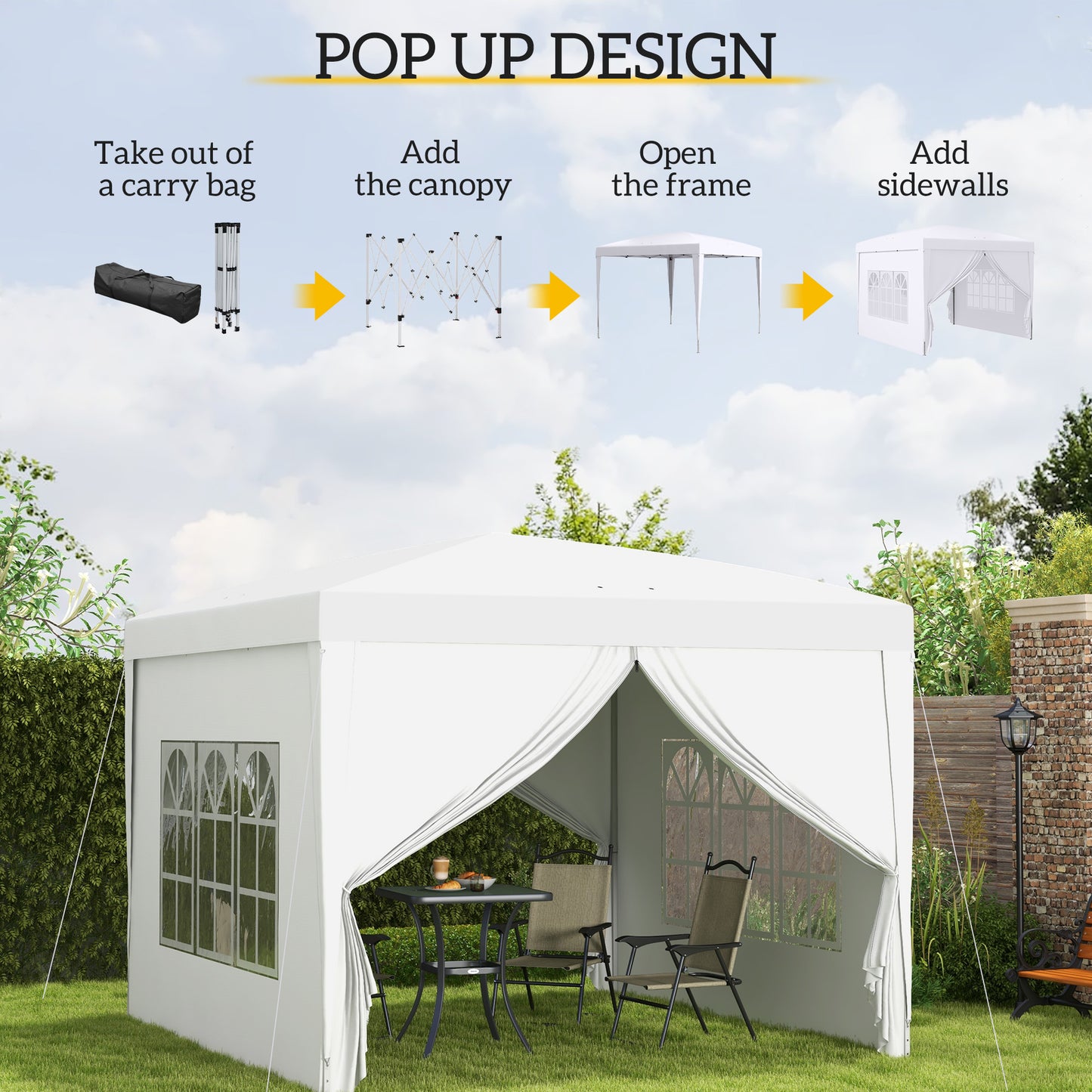 Tente Popup Extérieure 3m x 3m Gazebo Mariage — Blanc