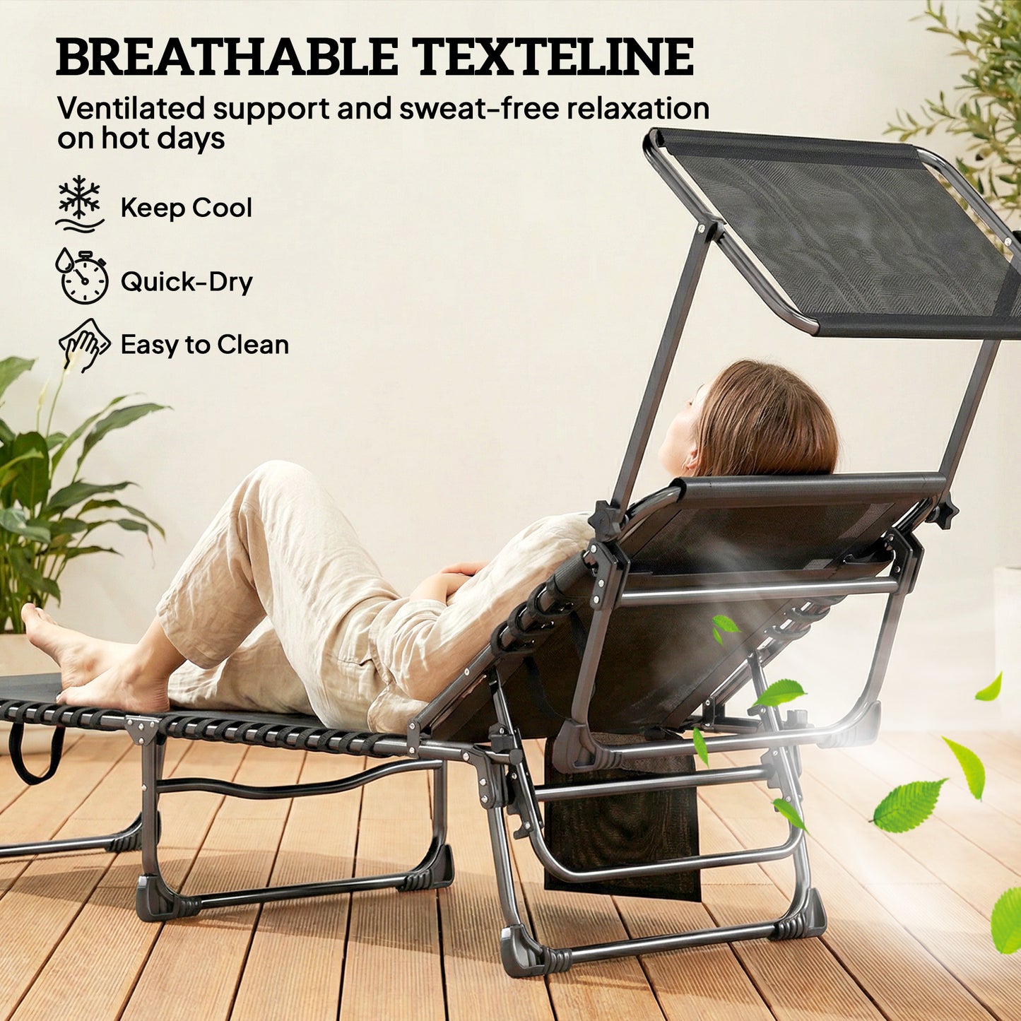 Chaise longue pliante avec auvent 5 positions — ensemble de 2