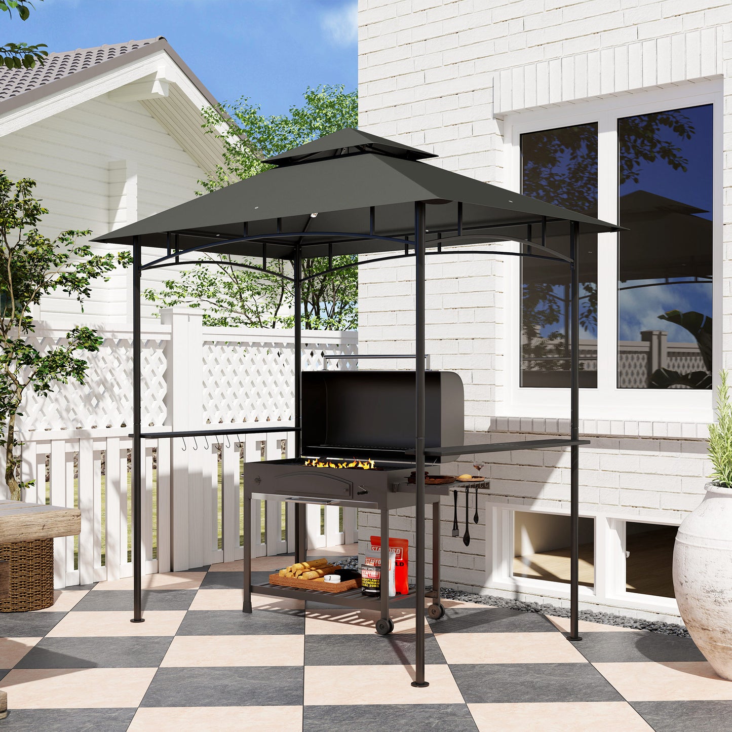Gazebo de barbecue double toit avec tablettes et crochets