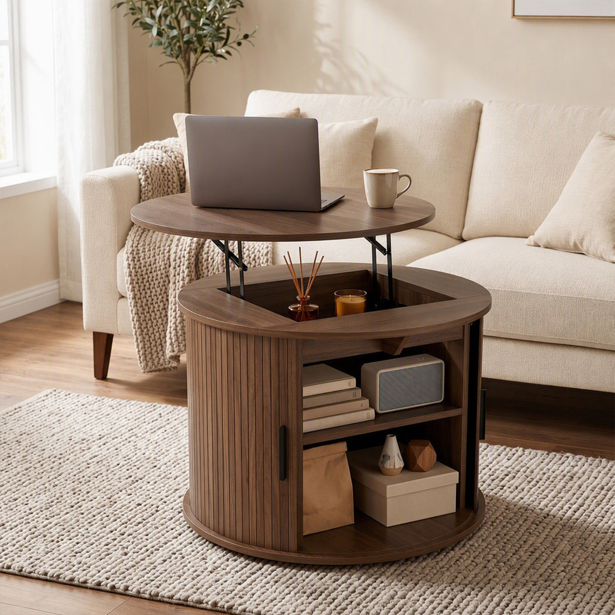 Table basse ronde à plateau relevable et rangement