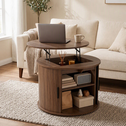 Table basse ronde à plateau relevable et rangement