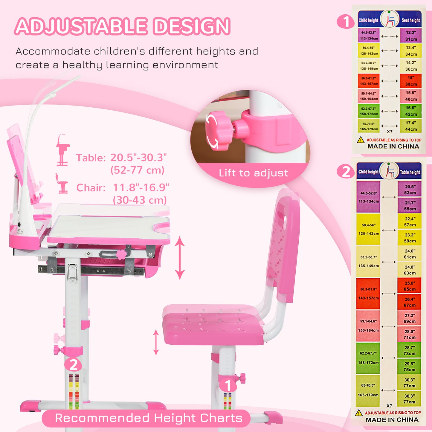 Bureau enfant ajustable avec chaise et lampe LED