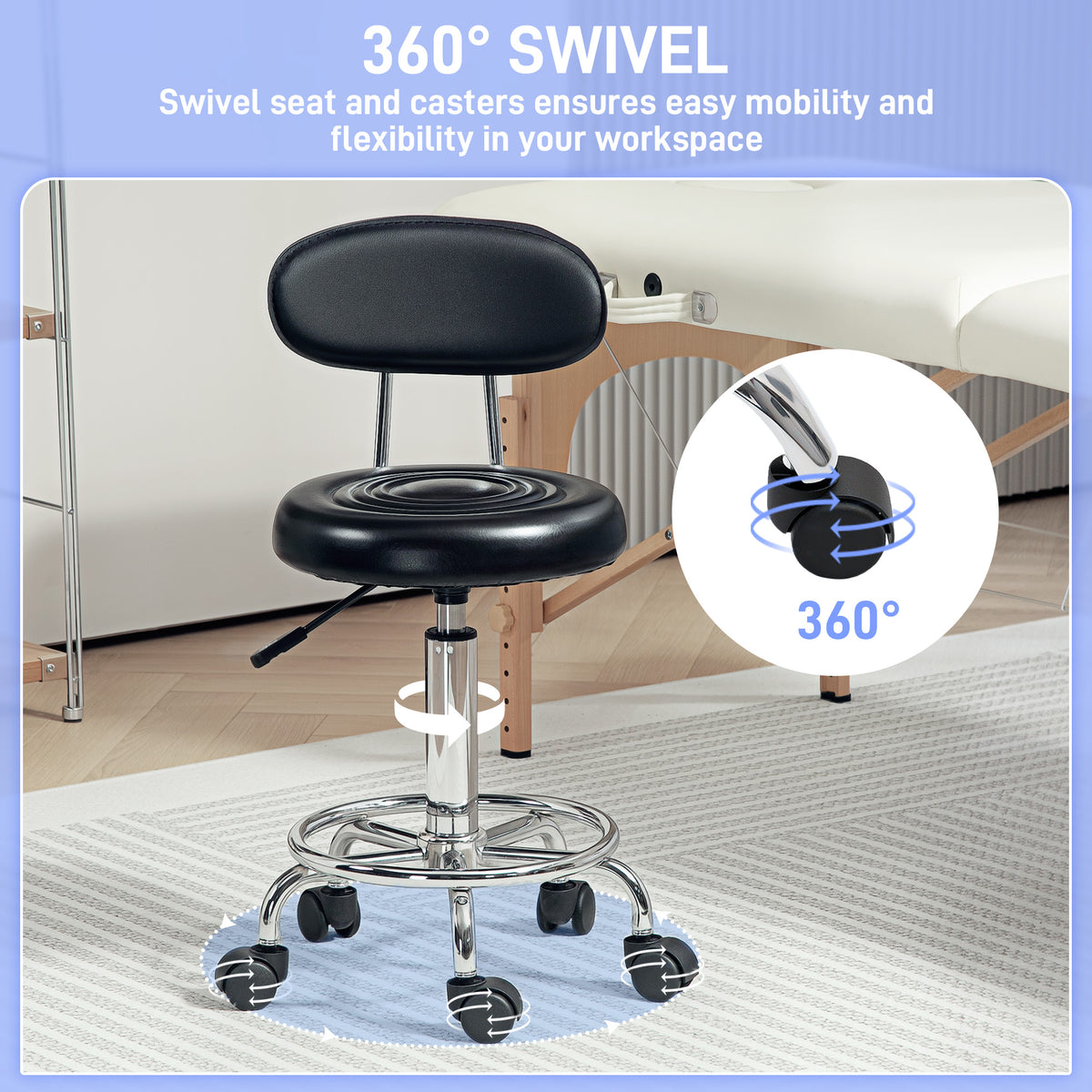 Tabouret à roulettes réglable avec dossier et pivot 360