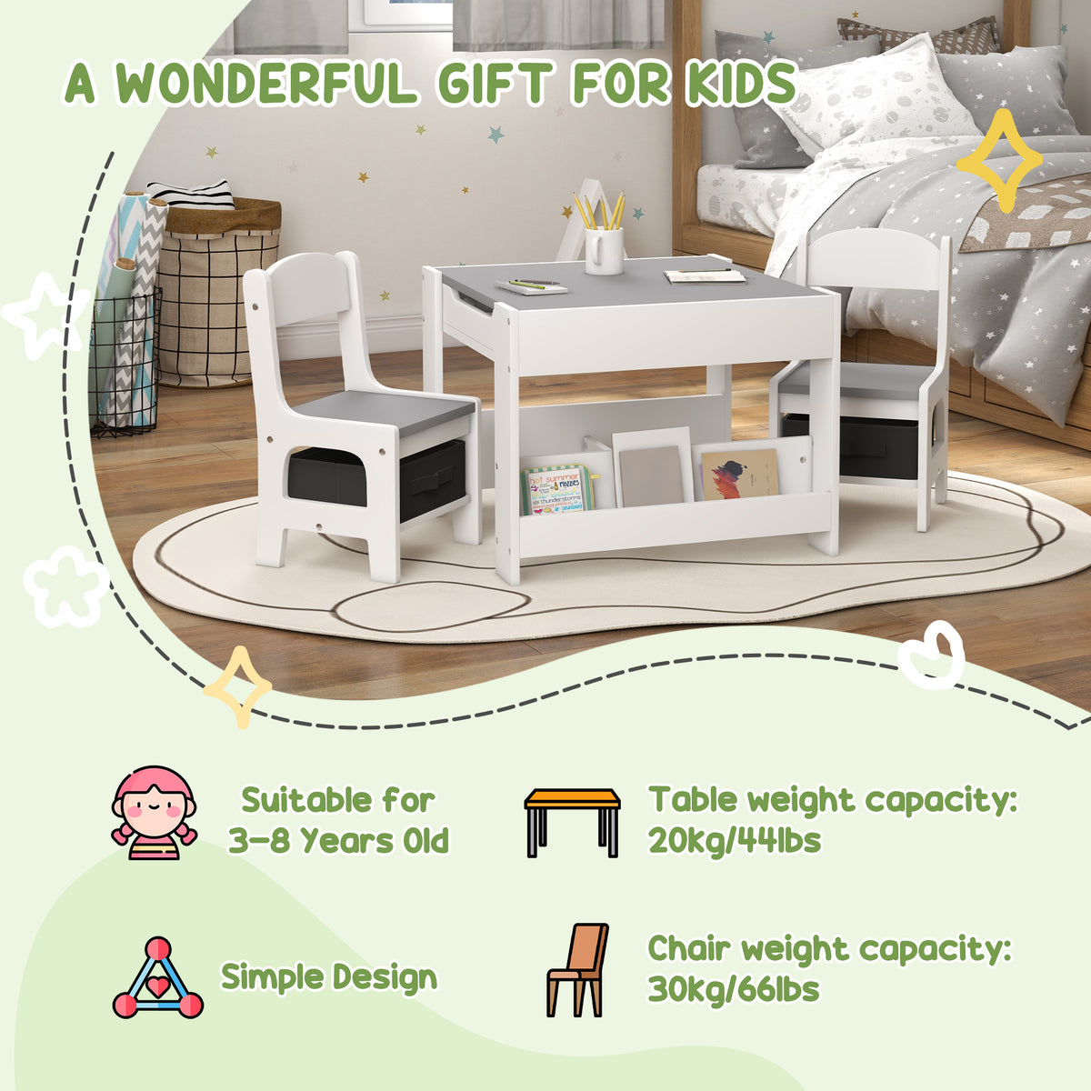 Ensemble table et chaises enfants réversible 3 pièces