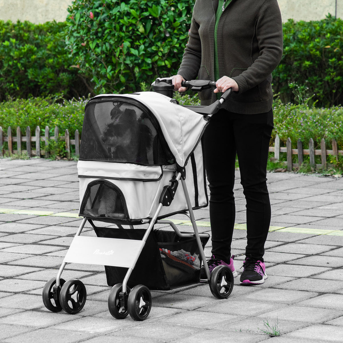 Poussette pour animaux pliable avec freins — grise
