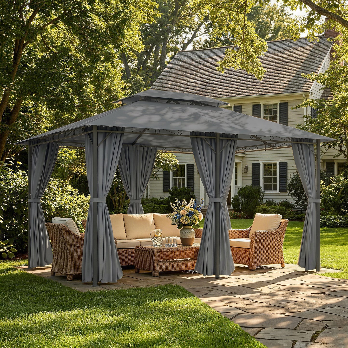 Gazebo de patio 2 niveaux avec rideaux amovibles