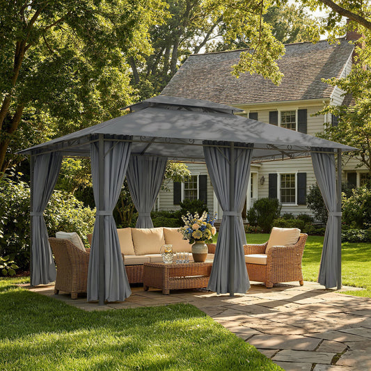 Gazebo de patio 2 niveaux avec rideaux amovibles