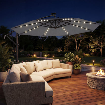Parasol déporté solaire LED 295 cm avec éclairage